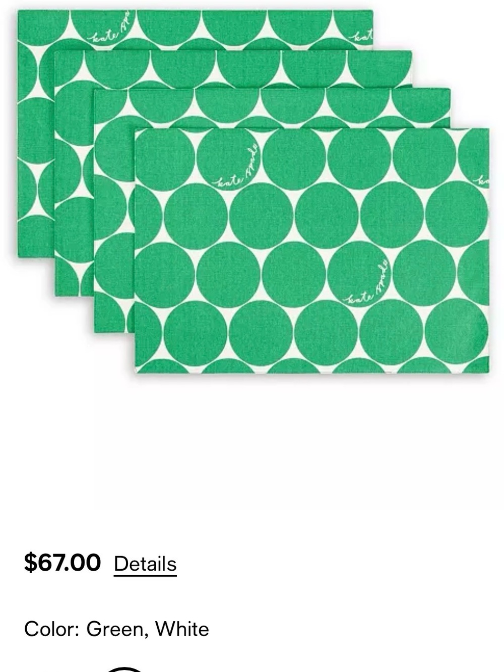 KATE SPADE ♠️ Green and White Large Polka Dot placemats